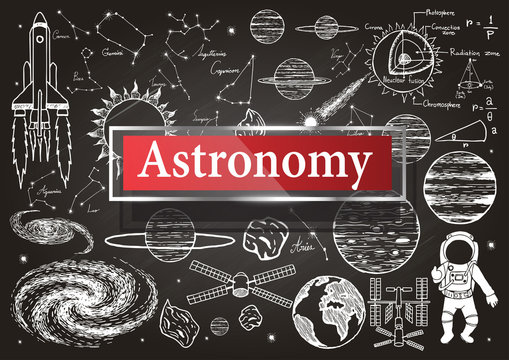 Fototapeta Doodles about astronomy on chalkboard.