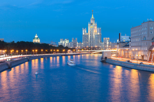 Dusk view of the Kotelnicheskaya Embankment Building, Moscow.