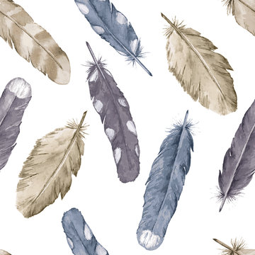 Watercolor feathers. Seamless pattern