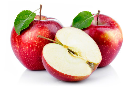 Red apples with leaf and half section isolated
