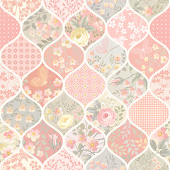 seamless patchwork pattern with flowers and butterflies - obrazy, fototapety, plakaty