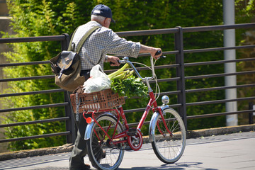 hombre mayor empujando un bicicleta con mercancia