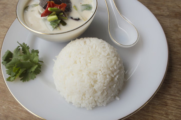 Rice with chicken in coconut milk soup-tom kha kai,thai cuisine