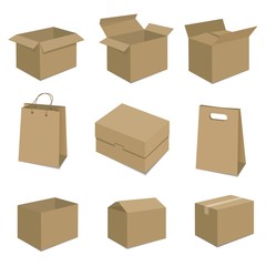 Set of nine isometric cardboard boxes isolated on white.