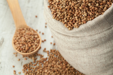 Buckwheat in linen sack.