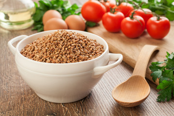 Ceramic bowl with buckwheat.