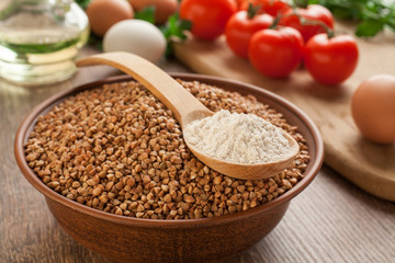 Ceramic bowl with buckwheat.