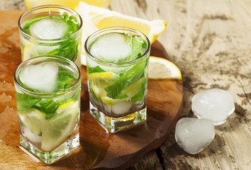 Glass of water with fresh lemon, ice and mint, selective focus
