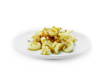 Fried squid with garlic and rosemary mixture.