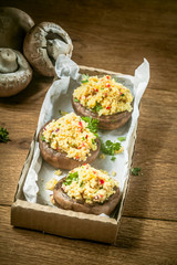 Tasty coucous topping on portobello mushrooms