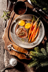 Filet Steak on Metal Plate with Vegetables