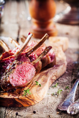 Rare Rectangle of Lamb on Wooden Cutting Board