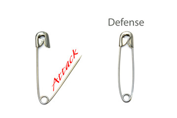 safety pins, open and closed with text attack - defense, isolate