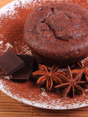 Baked muffins, star anise and chocolate on plate