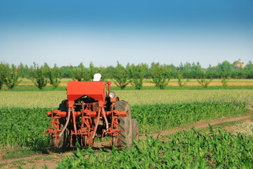 Naklejka premium Old dirty tractor on a field 