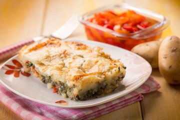 potatoes baked with vegetable, selective focus