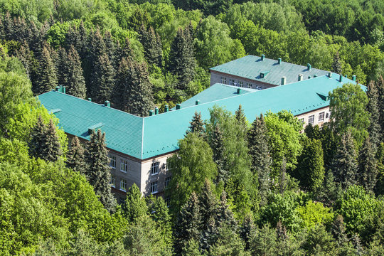 PUSHKINO, RUSSIA. City landscape in the sunny summer day.