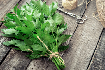 Lovage leaves on rustic wooden table