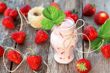Close-up of yogurt with strawberries