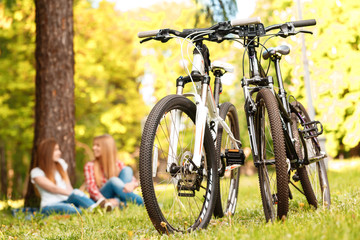 Two girls on a picnic with bikes