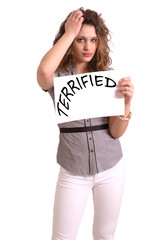 uncomfortable woman holding paper with Terrified text