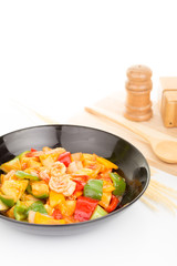 Sauted mixed vegetables and shrimp with tomato sauce