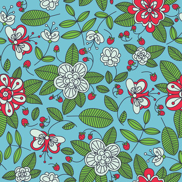 Strawberry floral seamless pattern background