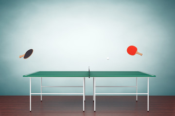 Old Style Photo. Ping-pong tennis table with Paddles