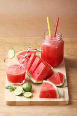 Healthy watermelon lime smoothie and fresh watermelon