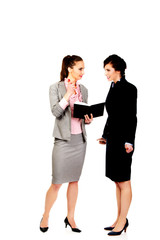 Two businesswomans discussing with eachother.