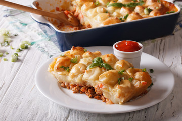 piece of a shepherds pie on the plate closeup. horizontal
