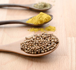 close up of assortment spices in wooden spoons 