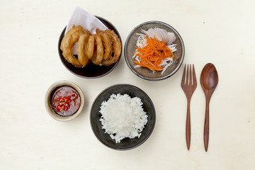 Thai style vegetarian set menu on wooden table background