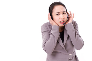 sad, unhappy customer service staff with headset, concept of wor
