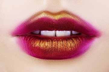 Sexy lips. Beauty red pink gold Makeup Sensual Mouth. 