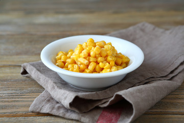 Canned sweet corn in a white bowl