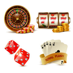 Casino  elements with cards, chips, slot, dice and roulette.