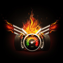 Racing background, speedometer and wheels with fire.
