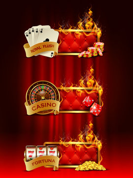 Casino banners set with cards, chips, slot, dice, roulette. 