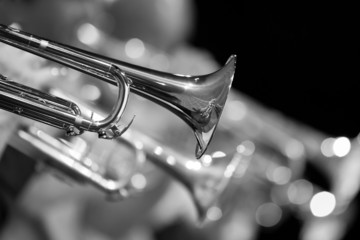 Trumpet fragment in the orchestra closeup in black and white 