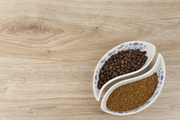 instant soluble coffee and coffee beans
