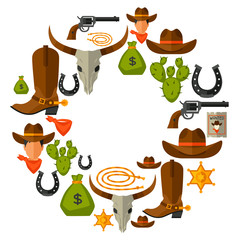Wild west background with cowboy objects and design elements