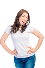 Portrait of a cheerful brunette on a white background