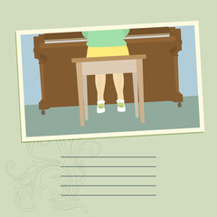Image of frame with part of piano and a girl and background with