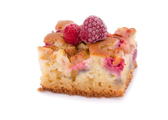 cake with rhubarb,with raspberry .On white background