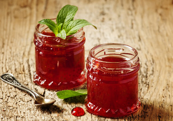 Delicious homemade strawberry jam in a jar, selective focus