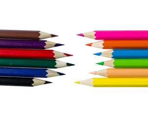 Drawing supplies: assorted color pencils, on white background