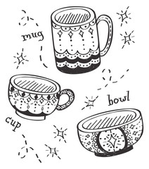 Cup mug and bowl with motif