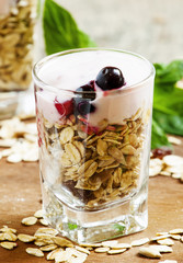 Healthy breakfast with muesli, homemade yogurt and berries, sele