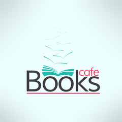 Vector books cafe logo in modern flat design. Book shop banner